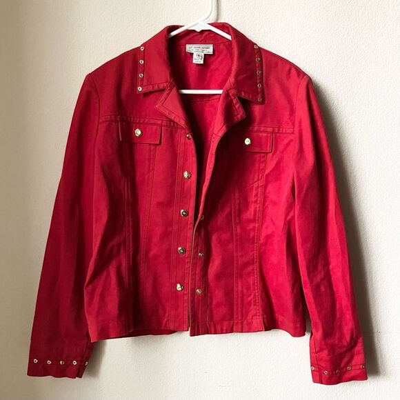 St. John Sport by Marie Gray Red Retro Minimalist Studded 90s Denim Jacket Small - Picture 2 of 9